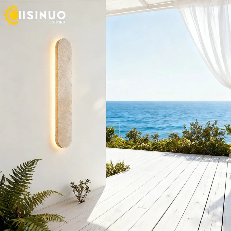 Wabi-Sabi Yellow Travertine Natural Stone Outdoor Wall Lamp - IP65 Waterproof LED Long Linear Sconce Fixture for Villa Fence, Gates & Courtyard