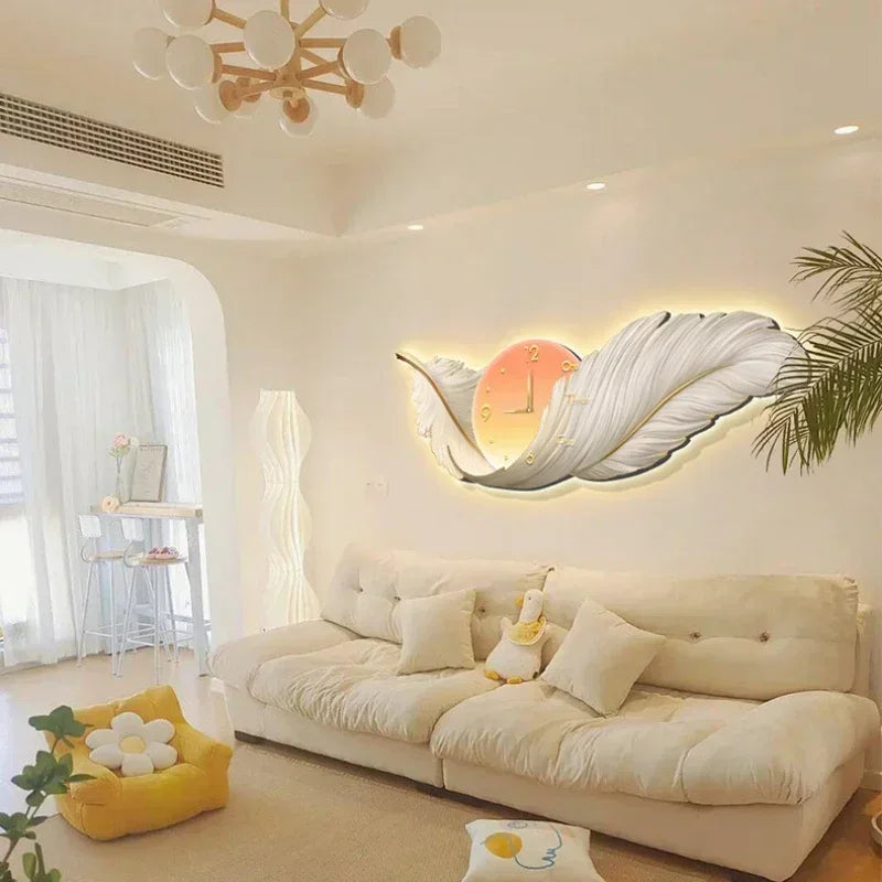LED Wall Clock Light Luxury Large Art Clocks Living Room Decors Painting Wall Watch Feather Silent Clock Renog Home Decoration
