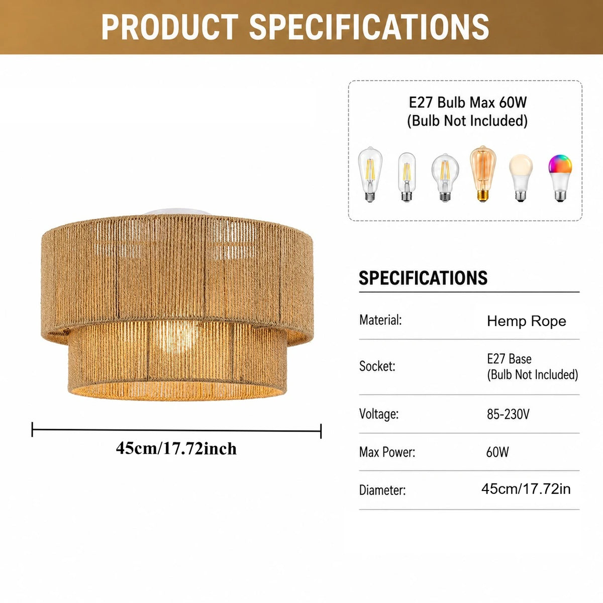 45CM Boho Rattan Semi Flush Mount Ceiling Light - Farmhouse Woven Hemp Rope E27 Lamp for Dining Room, Bedroom & Kitchen