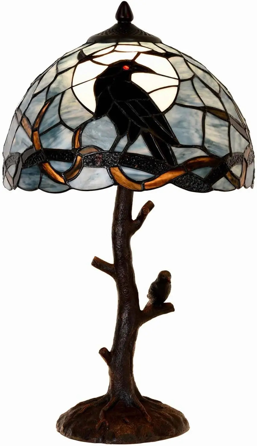 Raven Moon Stained Glass Table Lamp - 20" Gothic Night Light (Dark Blue)