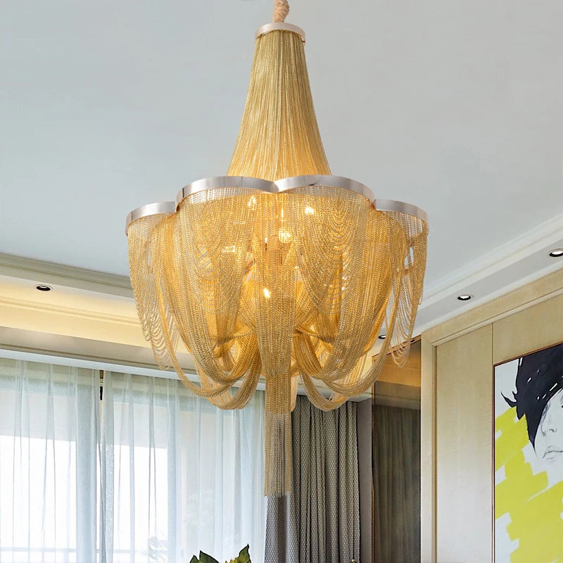  New Postmodern Light Luxury Personality Tassel Iron Living Room Chandelier Dining Room Bedroom Duplex Staircase Large