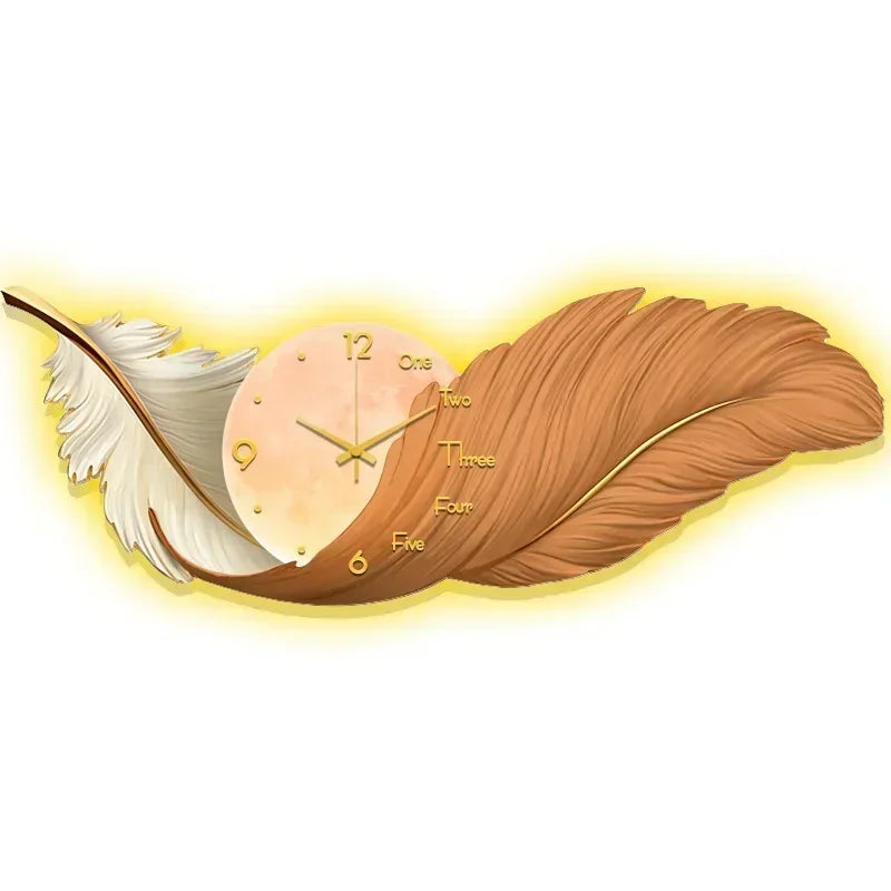 LED Wall Clock Light Luxury Large Art Clocks Living Room Decors Painting Wall Watch Feather Silent Clock Renog Home Decoration