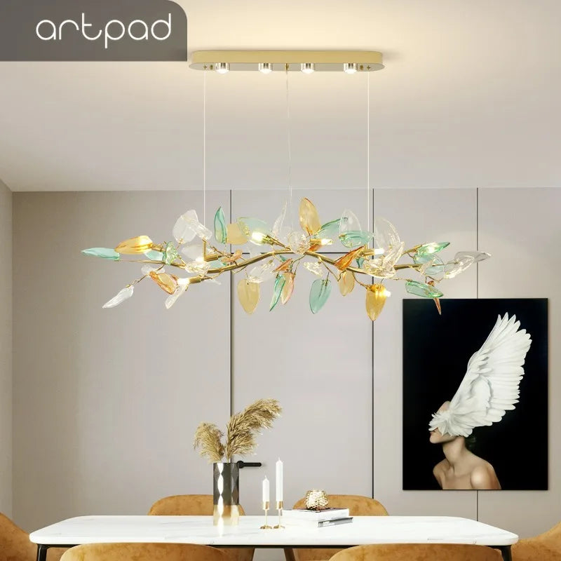 Modern Glass Leaf Pendant Chandelier for Living Dining Room Branch French Colorful Ceramics Leaf Pendant Light Kid Bedroom