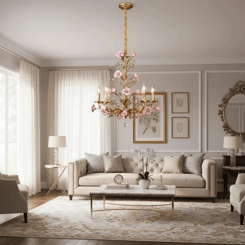 Pink Red Ceramic Rose Chandelier Luxury French Gold 5 Lights Chandelier Bedroom Lighting 6/8/10 Living Room Hanging Lights