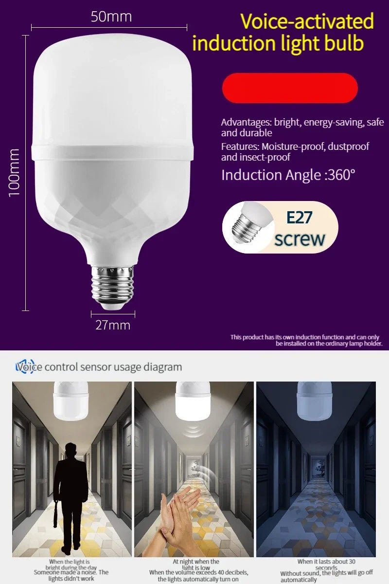Sound Sensor LED Bulb Voice Light Control Garage Lamp E27 AC220V Cold White 6500K For Stair Pathway Warehouse Graden