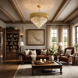 Modern Gold Round Crystal Chandelier, 5-Tier Raindrop K9 Crystal Pendant Light Adjustable Chain Luxury Ceiling Light Fixture for Dining Room Kitchen Island Living Room Bedroom