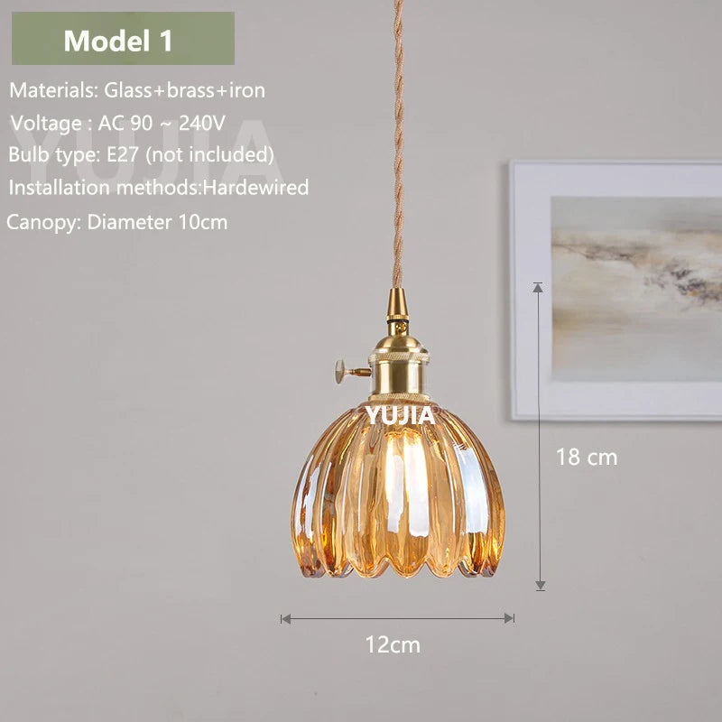 Vintage Amber Glass Pendant Light - Retro Brass Adjustable Hanging Hanging Lamp