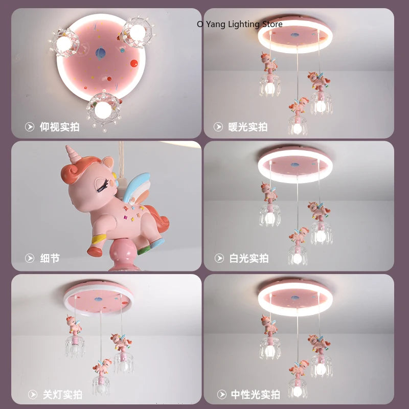 Princess Room Pendant Light Creative Pink Cartoon Unicorn LED Eye Protection Headboard Simple  Bedroom Children's Room Light