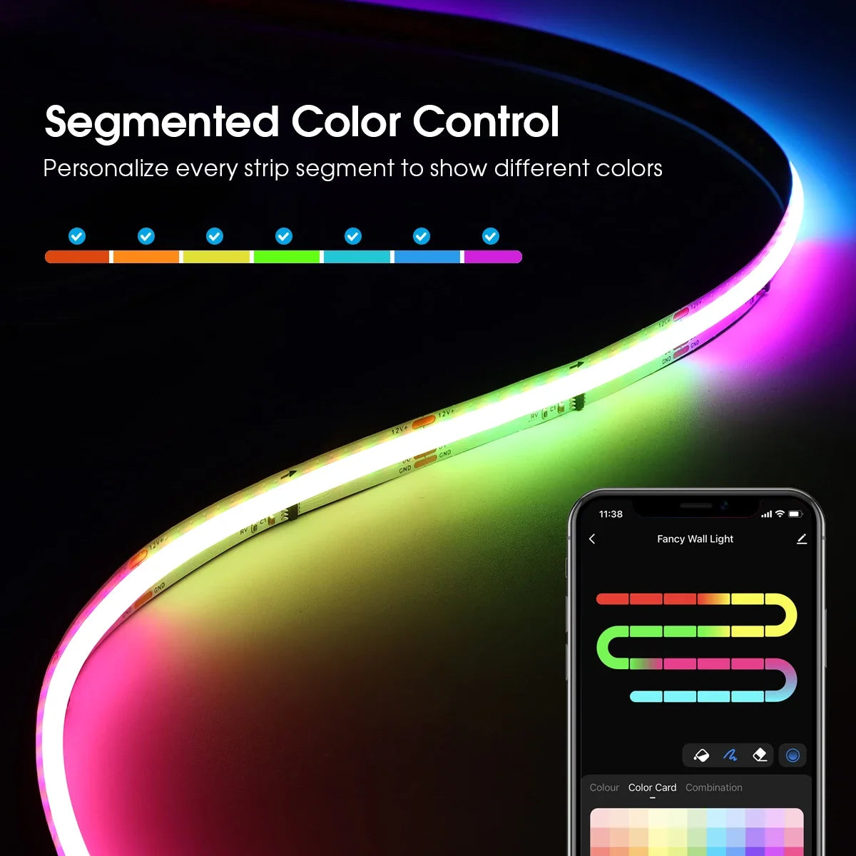 Tuya Smart Life 12V RGBIC COB LED Strip Light - WS2811 Addressable Ambient Tape