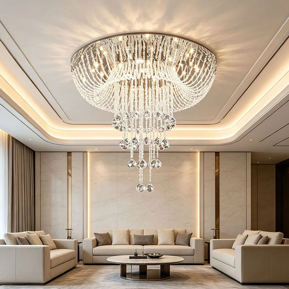 Luxury Long Tassel Crystal Flush Mount Chandelier LED Ceiling Light For Villa Duplex Staircase High Ceiling Living Room Foyer