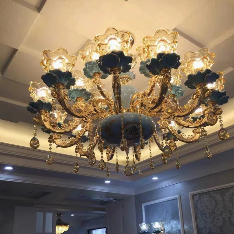 Large Blue Ceramic Chandelier Modern Crystal Glass Fixture Dining Room Contemporary Chandelier For Living Room Home Lighting