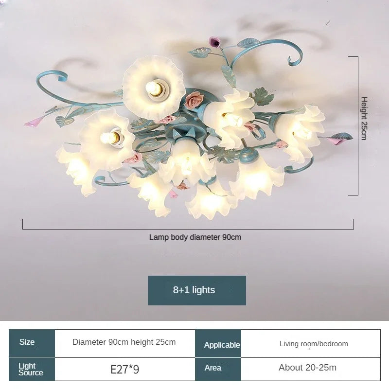 Romantic Rose Flower Ceiling Lamp Pastoral Style Glass Flower Ceiling Chandelier For Bedroom Living Room Art Attic LED Lighting