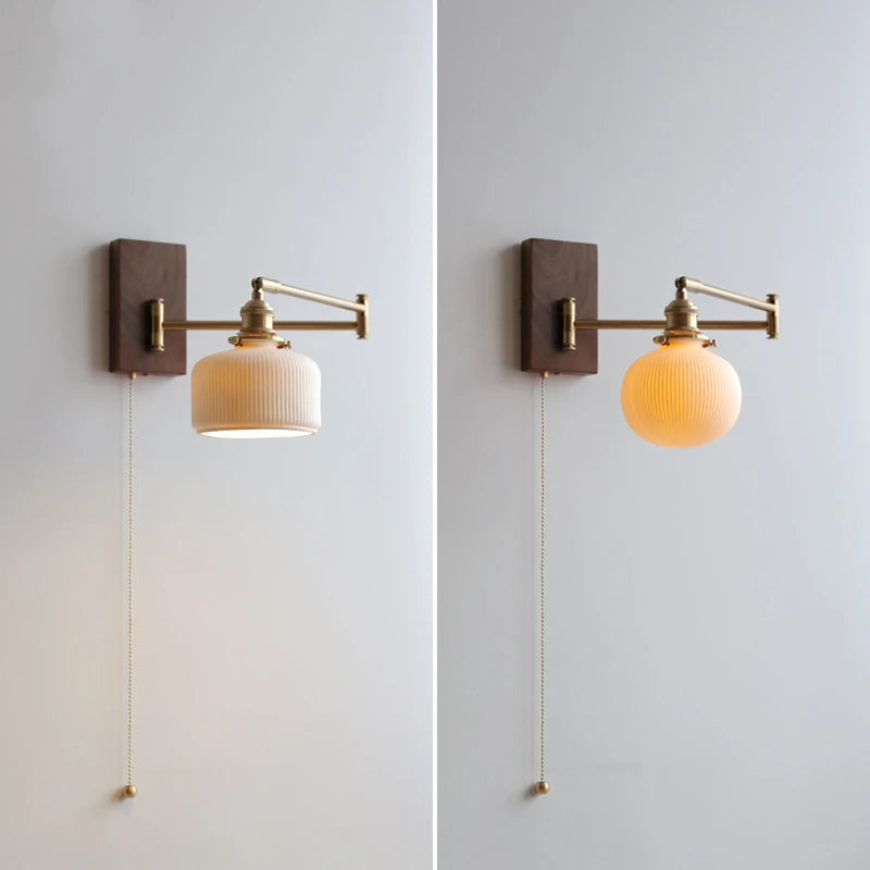 IWHD Pull Chain Switch LED Wall Lamp Beside Bedroom Living Room Light Arm Left Right rotate Wood Canopy Applique Murals Sconce