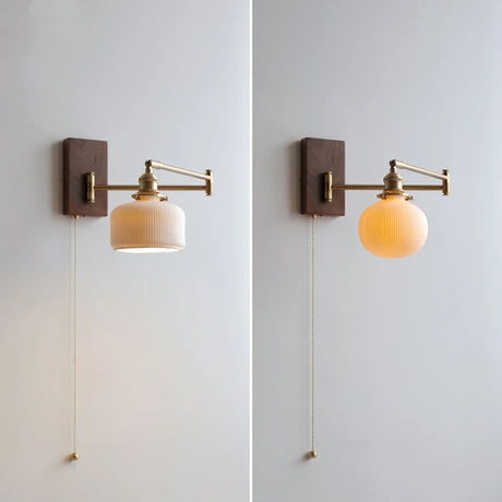 IWHD Pull Chain Switch LED Wall Lamp Beside Bedroom Living Room Light Arm Left Right rotate Wood Canopy Applique Murals Sconce