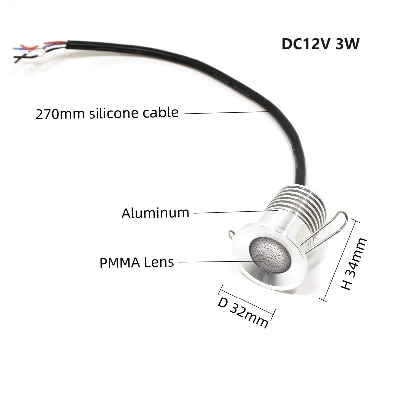 LED RGB Waterproof Sauna Light Temperature Proof Multicolor 12V Mini Spotlight Outdoor Ceiling Dimmable Led Spot Bathroom 3W