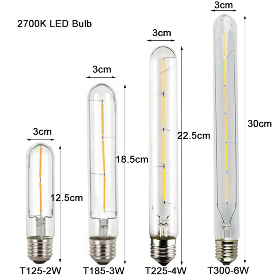 Vintage Tubular LED Filament Light Bulb - T10 T30 Long Tube 4W 6W 8W Edison Lamp