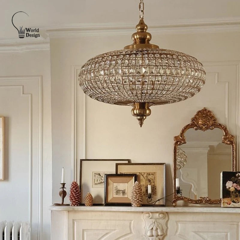 Vintage K9 Crystal Pendant Lights for Living Room Bedroom American Copper Crystal Ceiling Chandelier for Dining Room Kitchen Bar