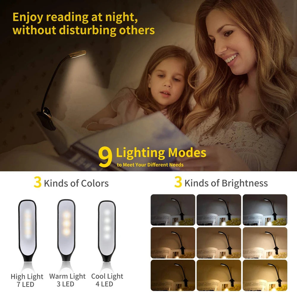  LED Book Light USB Rechargeable Reading Light 3-Level Warm Cool White Daylight Portable Flexible Easy Clip Night Reading Lamp