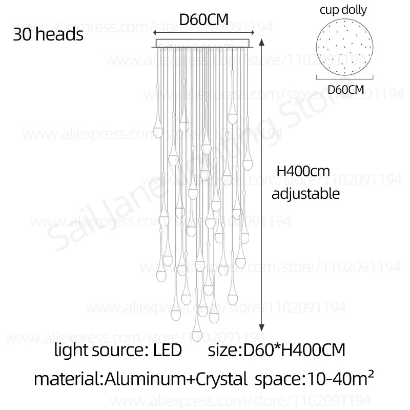 Nordic Minimalist Crystal Raindrop Pendant Light LED Staircase Chandelier For High Ceiling Villa Duplex Home Decor Living Room
