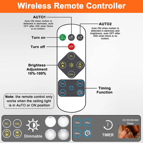 Battery Power Remote Ceiling Lamp Dimmable Wireless Motion Sensor LED Ceiling Lights Fixture Timer Kitchen Hallway Night Lights