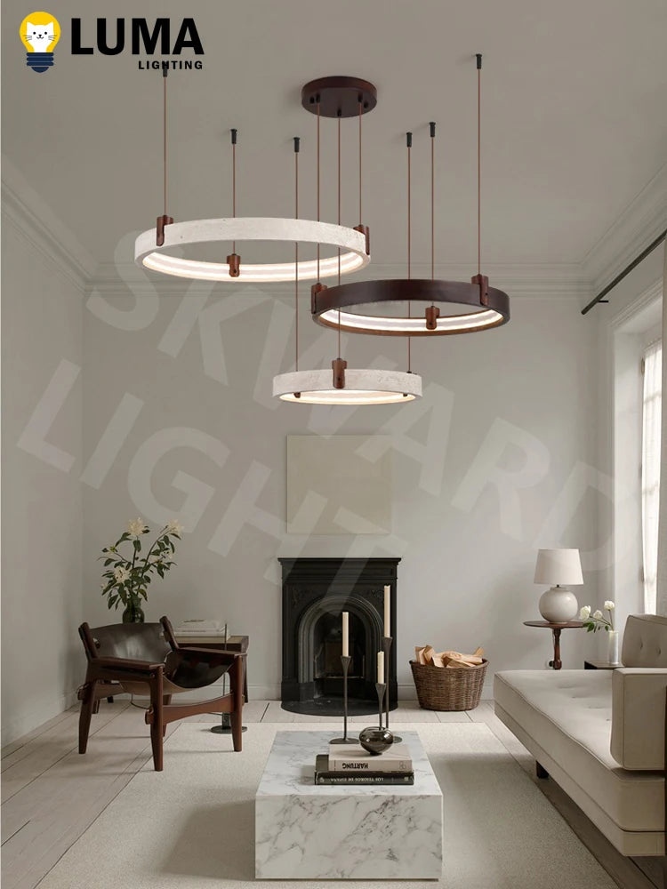 Wabi Sabi Japanese Yellow Travertine Pendant Light, Natural Cave Stone Solid Wood Chandeliers for Livingroom Kitchen Island Deco