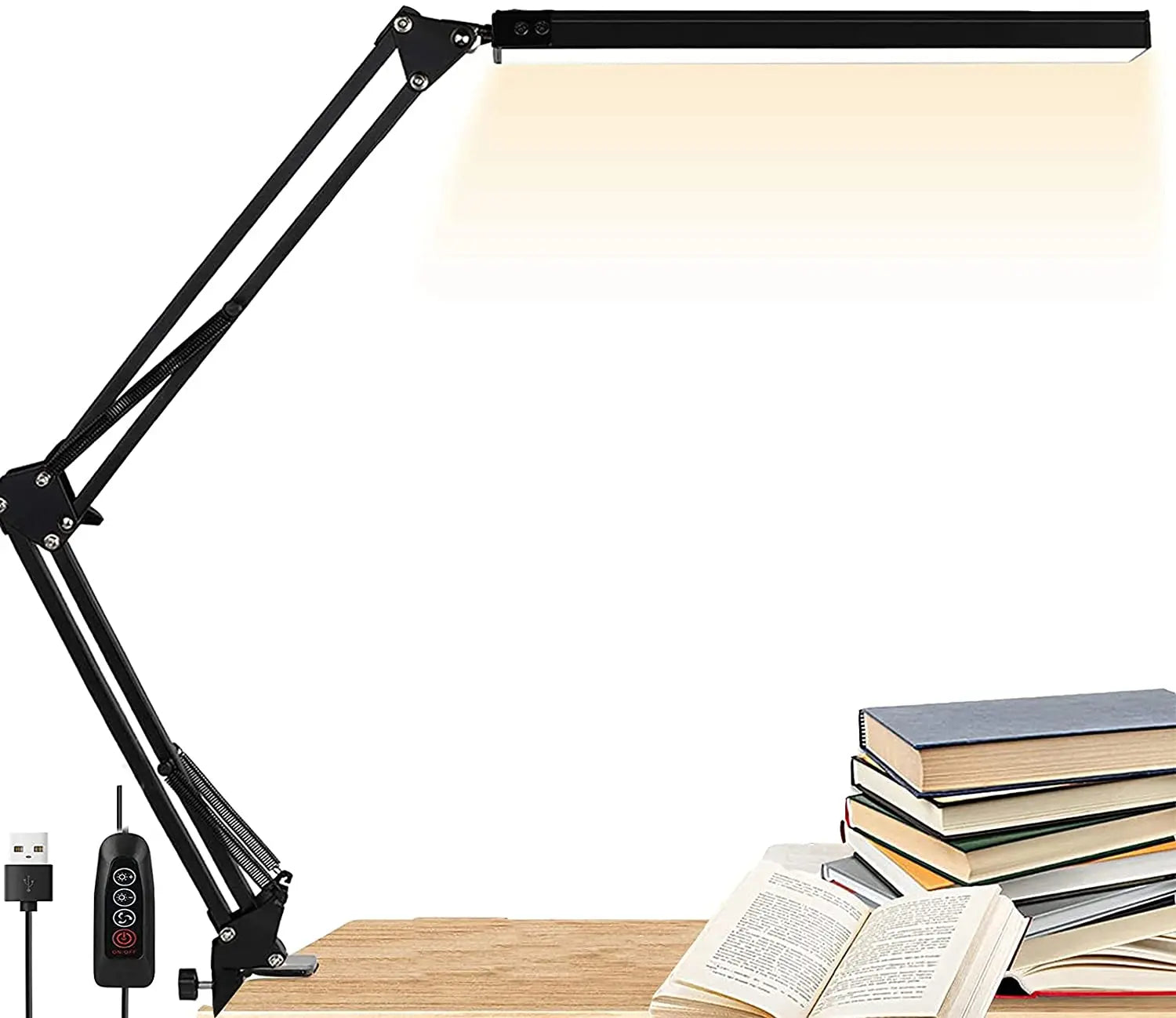 LED Desk Lamp with Clamp, Eye-Care Dimmable Reading Light, 3 Color Modes Swing Arm Lamp, USB Clip-on Table Lamp, Daylight Lamp