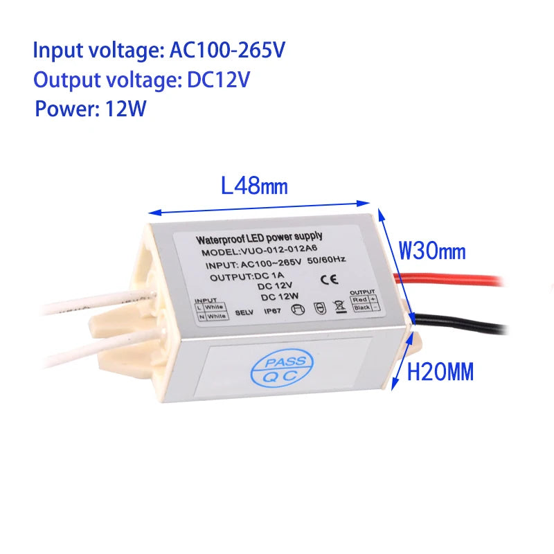 LED Waterproof Power Supply Input AC100-265V Output 12V 1A 12W/1.68A 20W /2.5A 30W/ 3.75A 40W /5A 60W /Transformer Driver