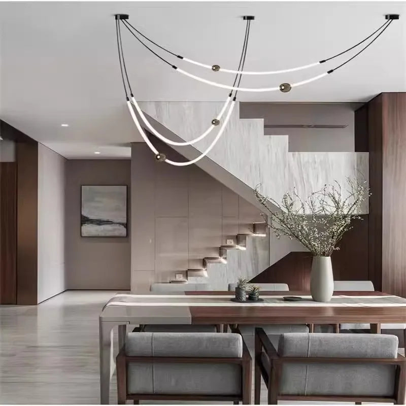 Nordic restaurant living room pendant light with long lines artistic creative designer exhibition hall curved LED chandelier