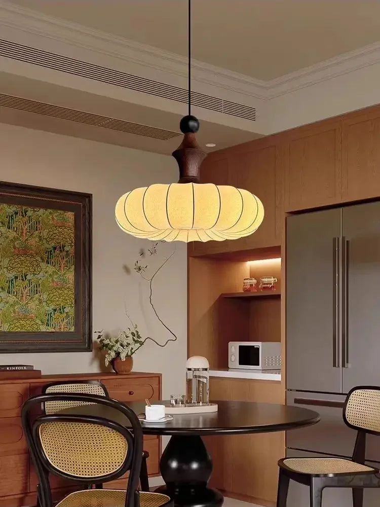 Retro Fabric & Solid Wood LED Pendant Light - Vintage Traditional Ceiling Chandelier Hanging Lamp Fixture for Living Room, Restaurant & Hotel Decor