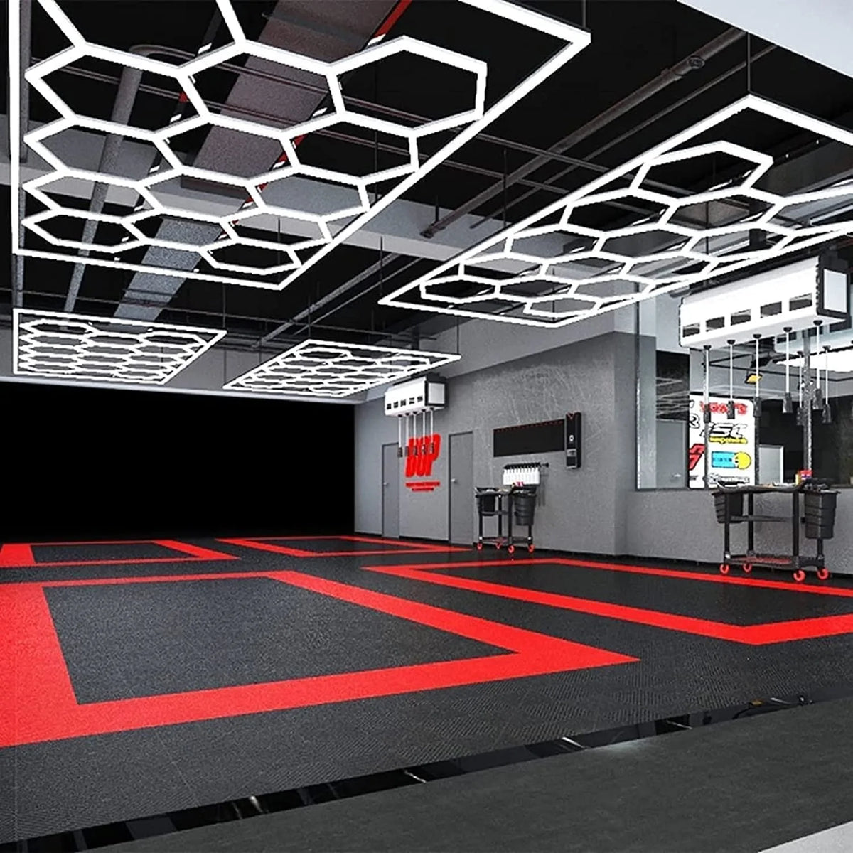 Factory Direct Hexagonal LED Garage Grid Light - Modular Honeycomb Work Lamp System for Car Beauty Shop, Gym & Barber Shop