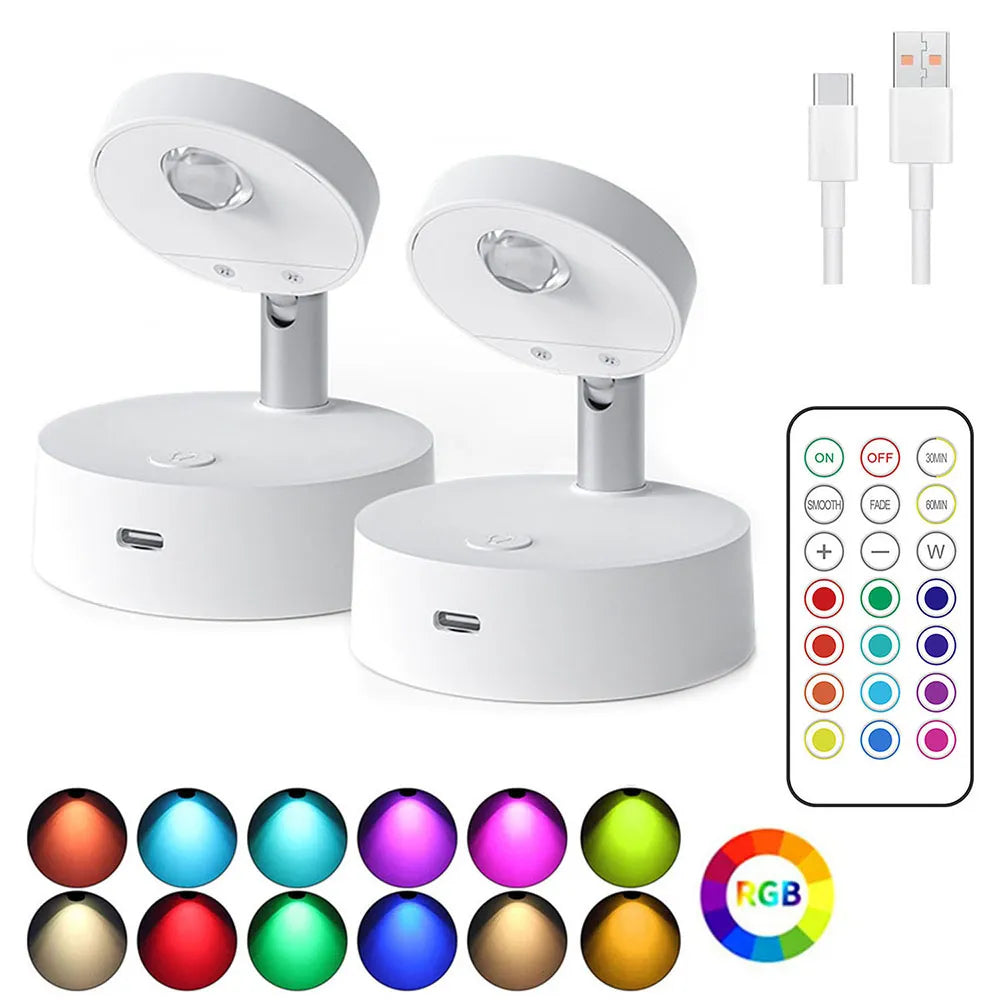 Wireless RGB Remote Spotlight Rechargeable Accent Lights LED Puck Lights Dimmable Timer Wall Lamp Up light Angle Artwork Lighting