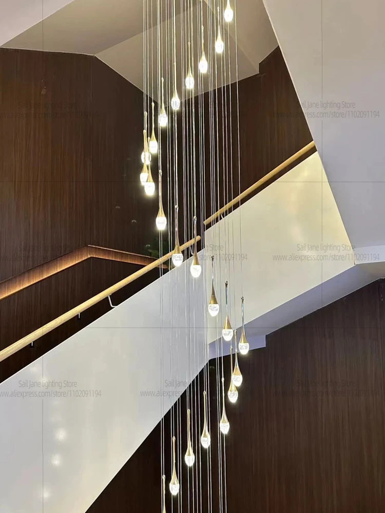 Nordic Minimalist Crystal Raindrop Pendant Light LED Staircase Chandelier For High Ceiling Villa Duplex Home Decor Living Room