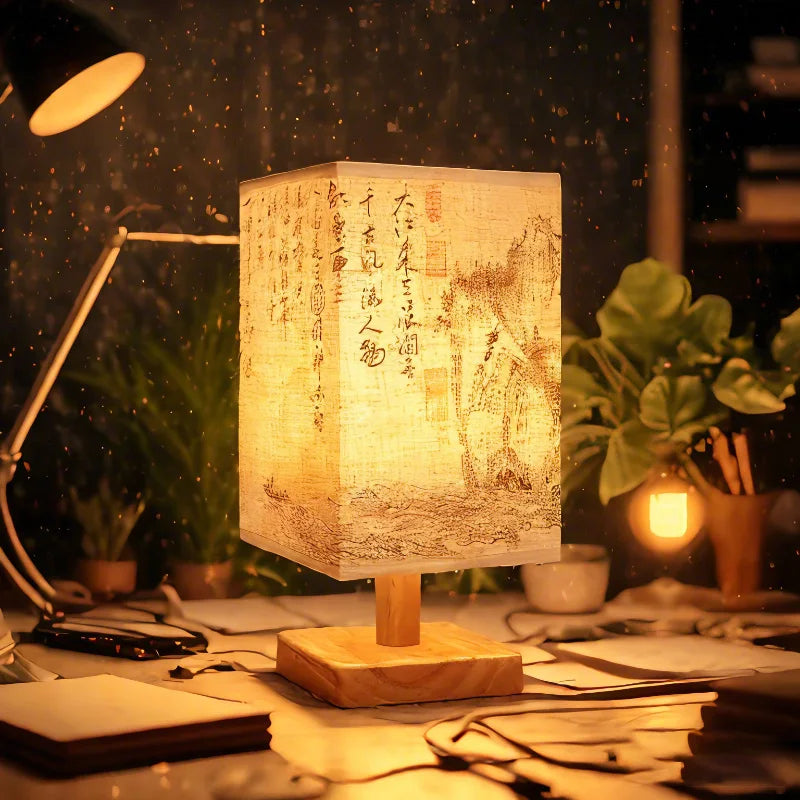 Chinese Style Dimmable LED Table Lamp with Square Fabric Shade - Bedside Desk Light