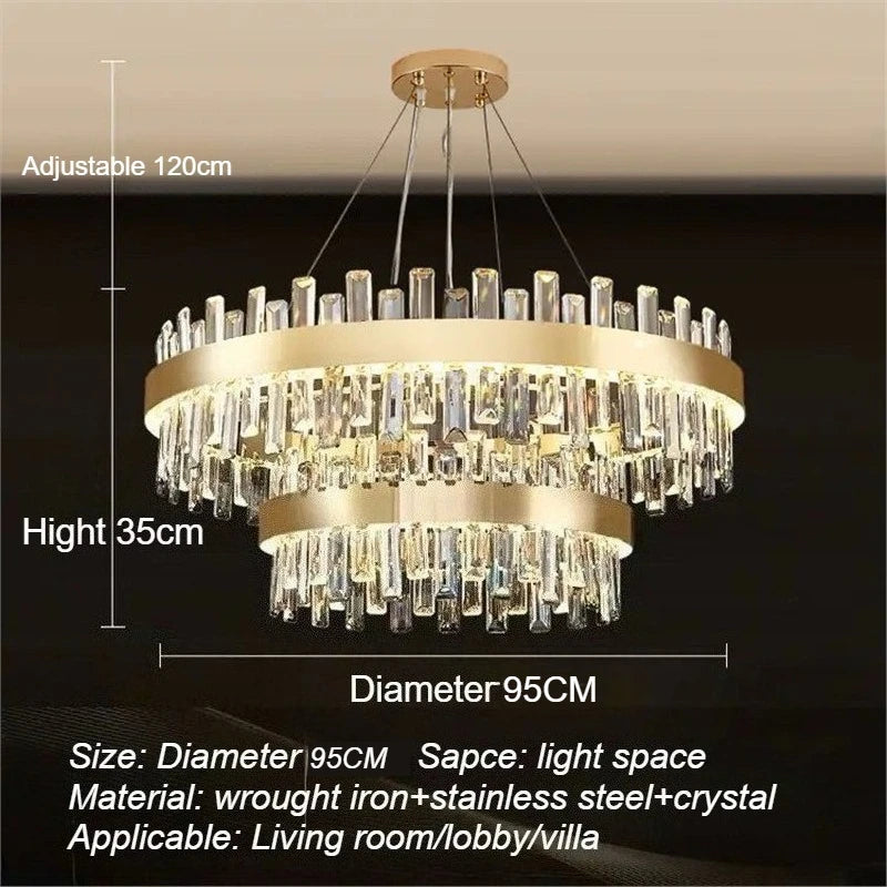 Luxury Double-Layer Round Crystal Chandelier (Golden Finish) - Modern Tiered Ceiling Pendant Light Fixture for Living Room, Bedroom & Dining Room