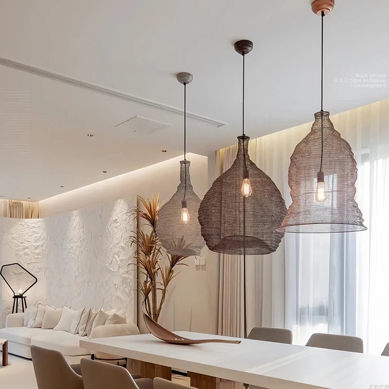 Wabi Sabi Style Pendant Lamp Hotel Restaurant Homestay Living Room Bedroom Bedside Lamp Wire Mesh Artistic Creative Lighting