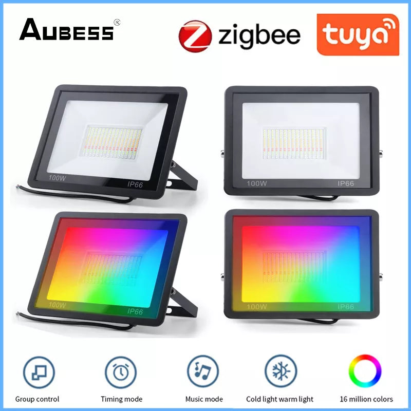 Aubess Zigbee 100W Led Flood Light AC 220V RGB WW CW Outdoor Floodlight Spotlight IP65 Waterproof LED Street Lamp Lighting