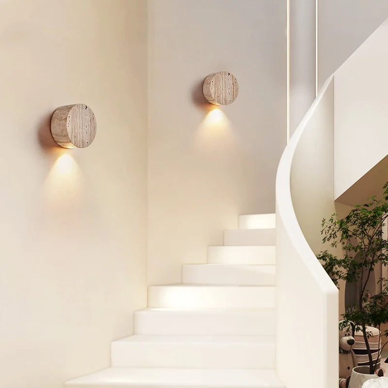 IWHD Home Decor LED Wall Light Fixture Coffee Corridor Living Room Nordic Modern Column Yellow Travertine Stone Wall Lamp Sconce