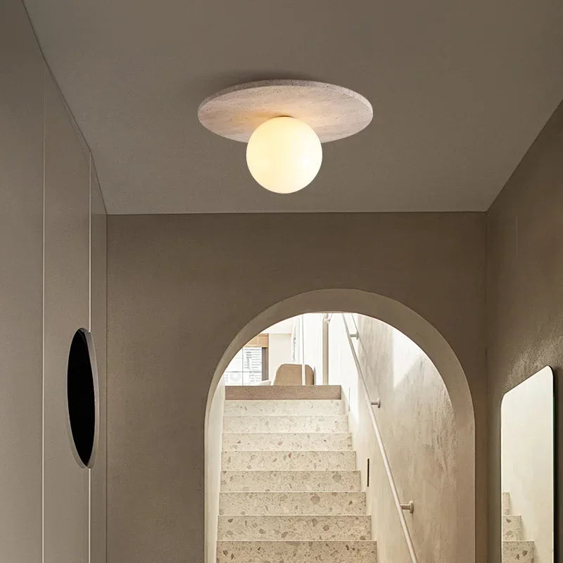 High Quality Natural Stone Ceiling Light Travertine Downlight with Glass Ball Wabi Sabi Milk Oil Wind Home LED Ceiling Ligh