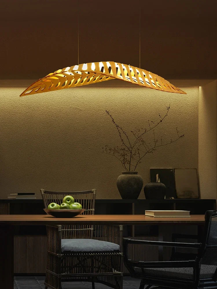 Nordic Wabi Sabi Fish Bone Wood Ceiling Pendant Light Home Deco Living Room Led Chandelier Bar Cafe Hanging Lamp Lustre Fixture