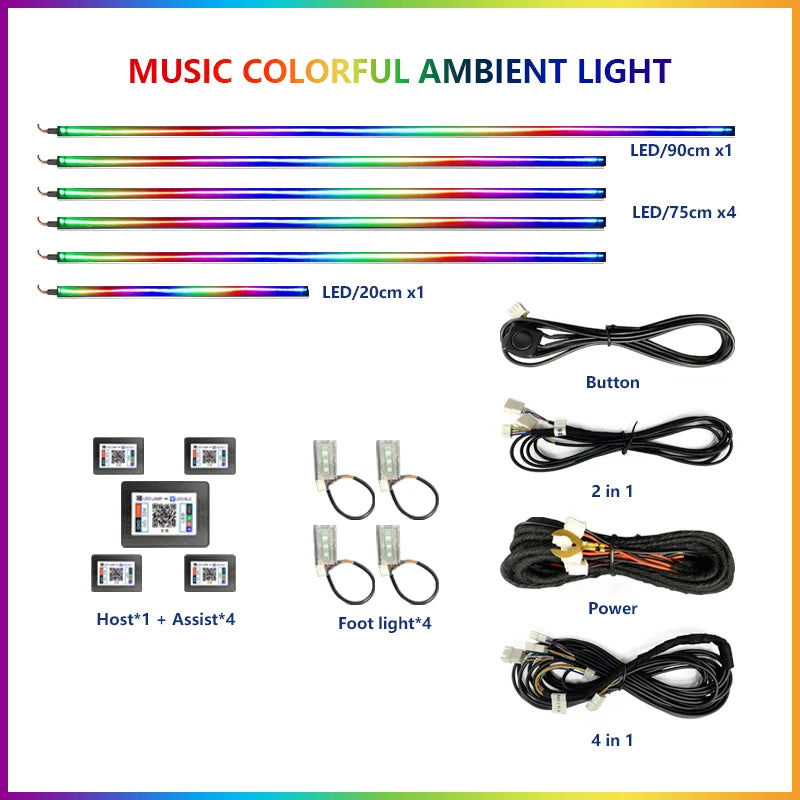 22 In1 Car Acrylic LED Ambient Lamps Universal Colorful Atmosphere Lights Auto Interior Neon Strip App Control 64 RGB  Lighting