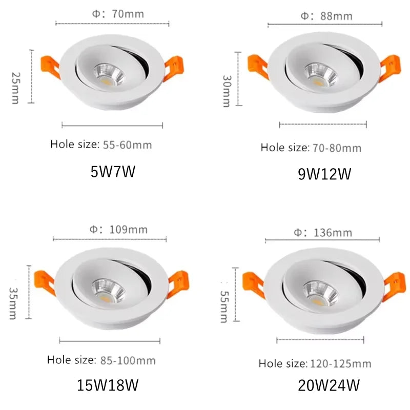 Led Downlight Recessed Ceiling Lamp 5W7W9W12W15W18W Dimmable white black Spot Light 360° Adjustable indoor lighting