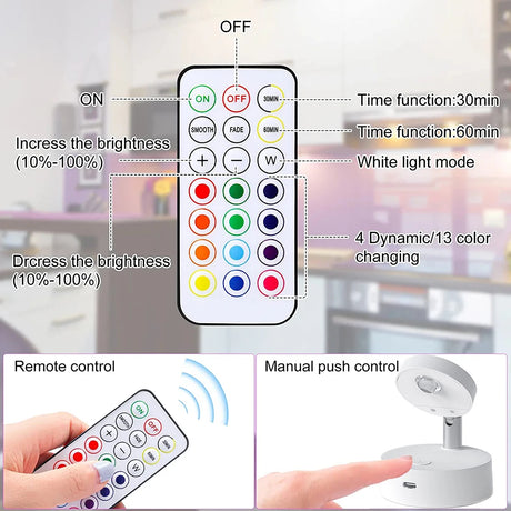 Wireless RGB Remote Spotlight Rechargeable Accent Lights LED Puck Lights Dimmable Timer Wall Lamp Up light Angle Artwork Lighting