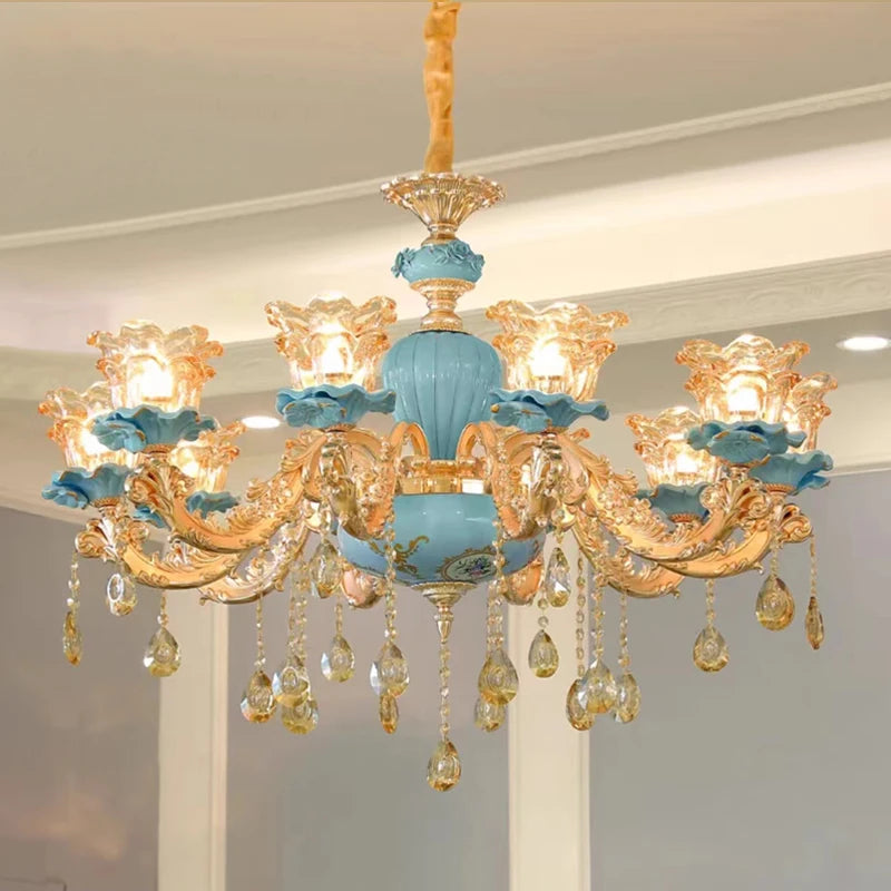 Large Blue Ceramic Chandelier Modern Crystal Glass Fixture Dining Room Contemporary Chandelier For Living Room Home Lighting
