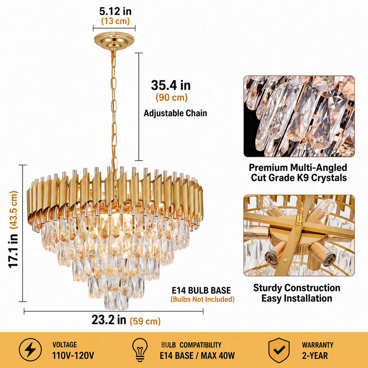 Modern Gold Round Crystal Chandelier, 5-Tier Raindrop K9 Crystal Pendant Light Adjustable Chain Luxury Ceiling Light Fixture for Dining Room Kitchen Island Living Room Bedroom