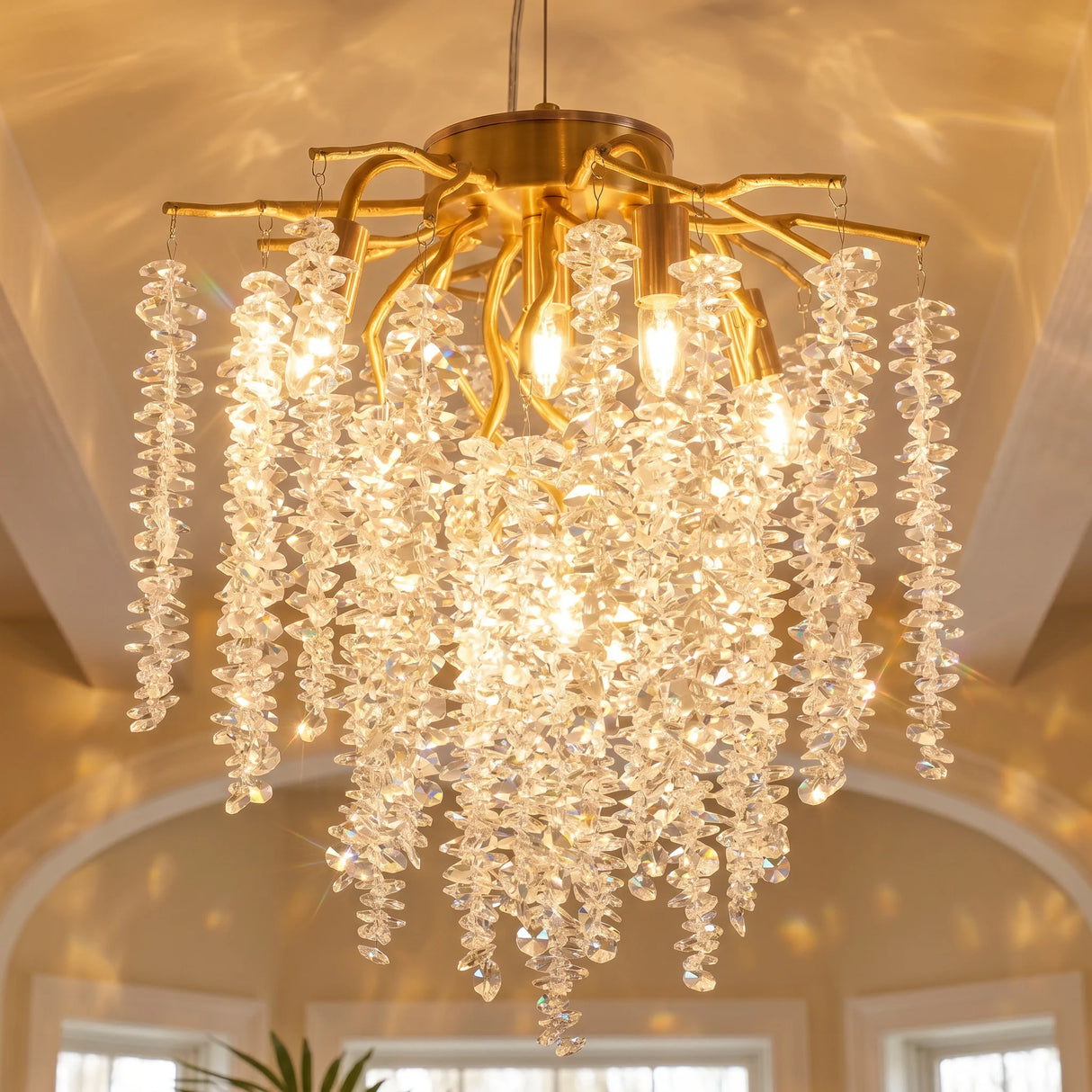Modern Gold Crystal Chandelier, Tree Branch Adjustable Height K9 Crystal  Pendant Light Fixture for Hallway Kitchen Island Dining Room Bedroom