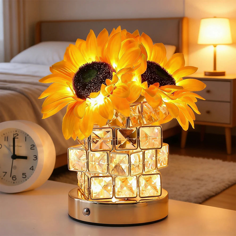 LED Crystal Sunflower Table Lamp - 3 Colors Dimmable Magic Cube Light