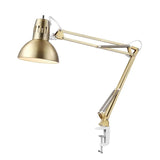 Electric 62000010 32 MultiJoint Desk Lamp with Metal Clamp, Matte Brass, White Accents, On Off Rotary Switch on Shade, Partially