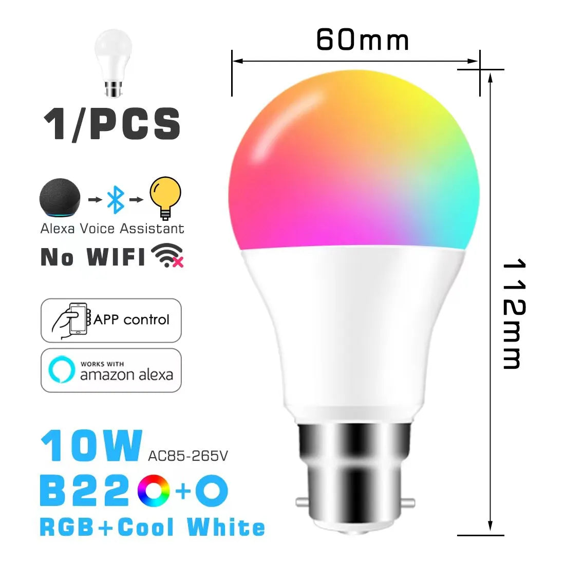 LED Smart Light Bulb, Color Changing Alexa Light, RGB Smart Lamp That Work With Alexa, E27 B22 Base,16 Million Colors, Dimmable