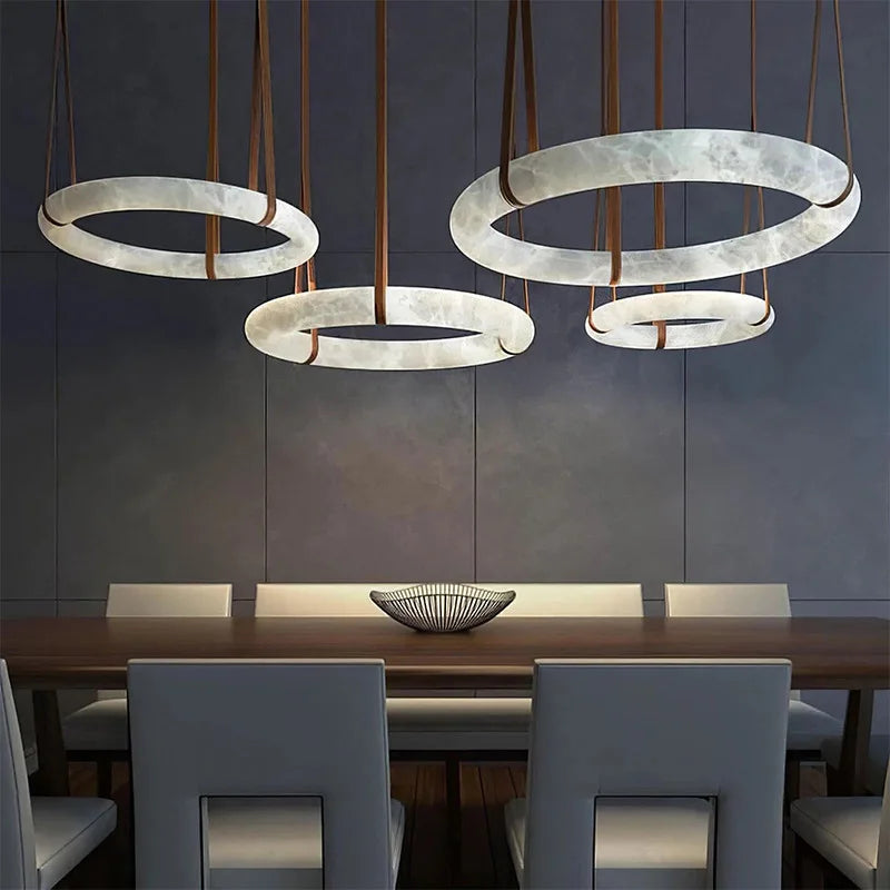 2026 Circular Marble Leather LED Hanging Lamp Modern Bedroom Living Room Main Light Fixture Nordic Faux Marble Pendant Light