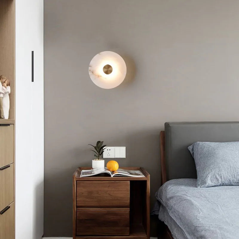 Art Deco Round LED Wall Sconce - Natural Marble & Brass Corridor Light